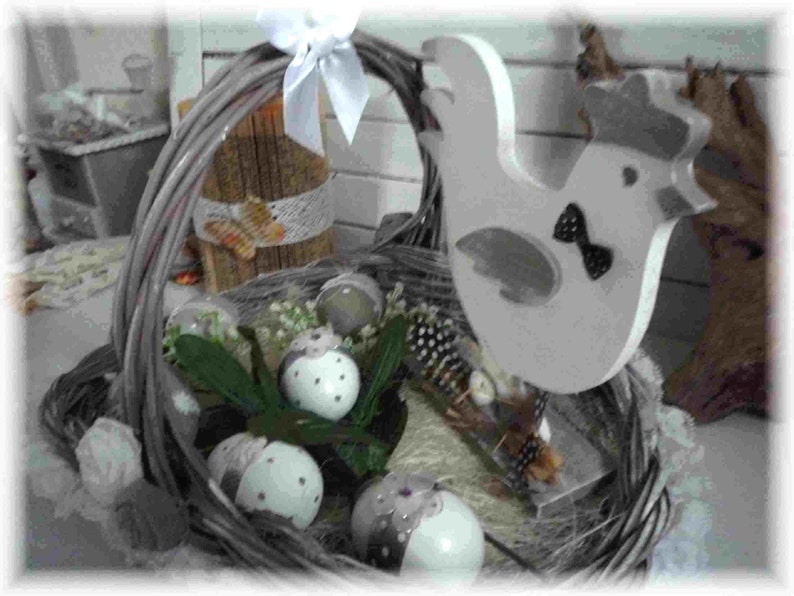 Composition for a festive Easter party, wicker basket, pretty chicken, eggs, decoration, handmade image 7