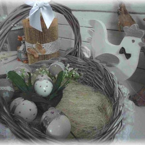 Composition for a festive Easter party, wicker basket, pretty chicken, eggs, decoration, handmade image 6