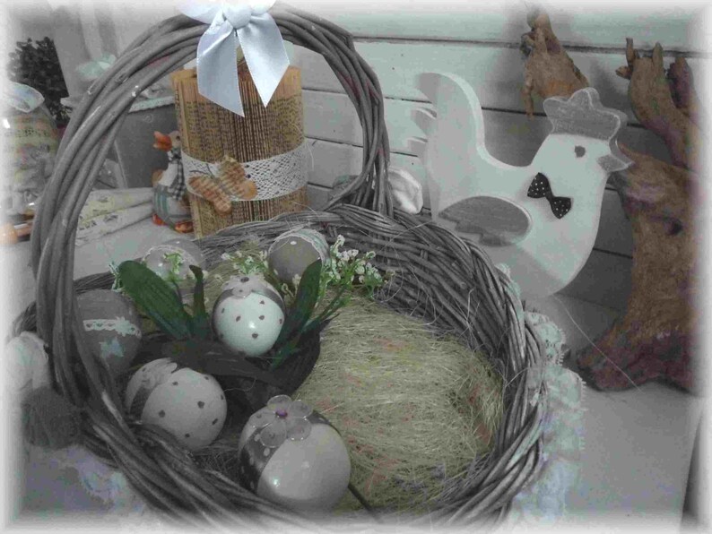 Composition for a festive Easter party, wicker basket, pretty chicken, eggs, decoration, handmade image 6