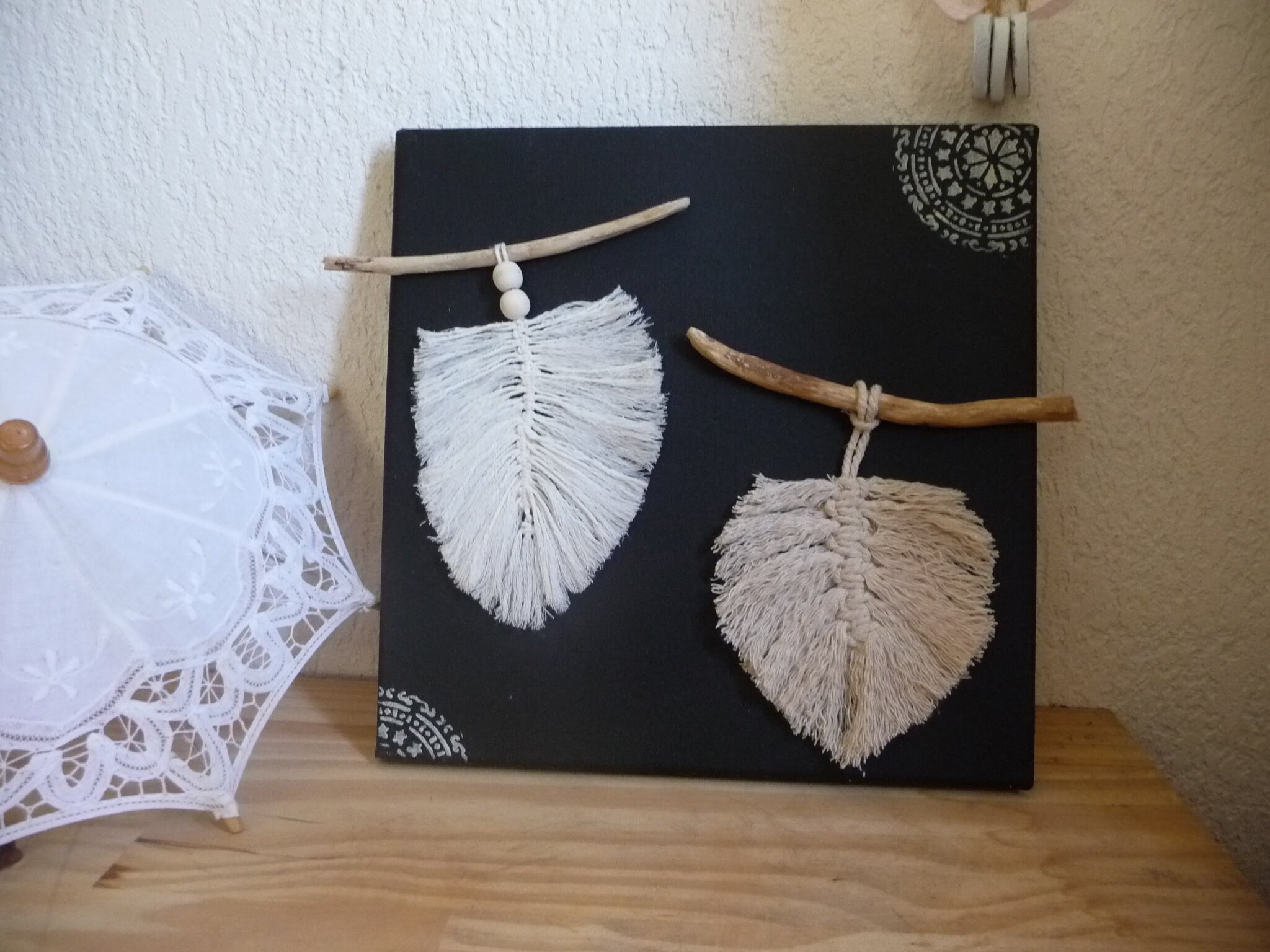 Toile Ethnique, Plumes, Macramé, Déco Loft, Fait Main, Bois Flotté