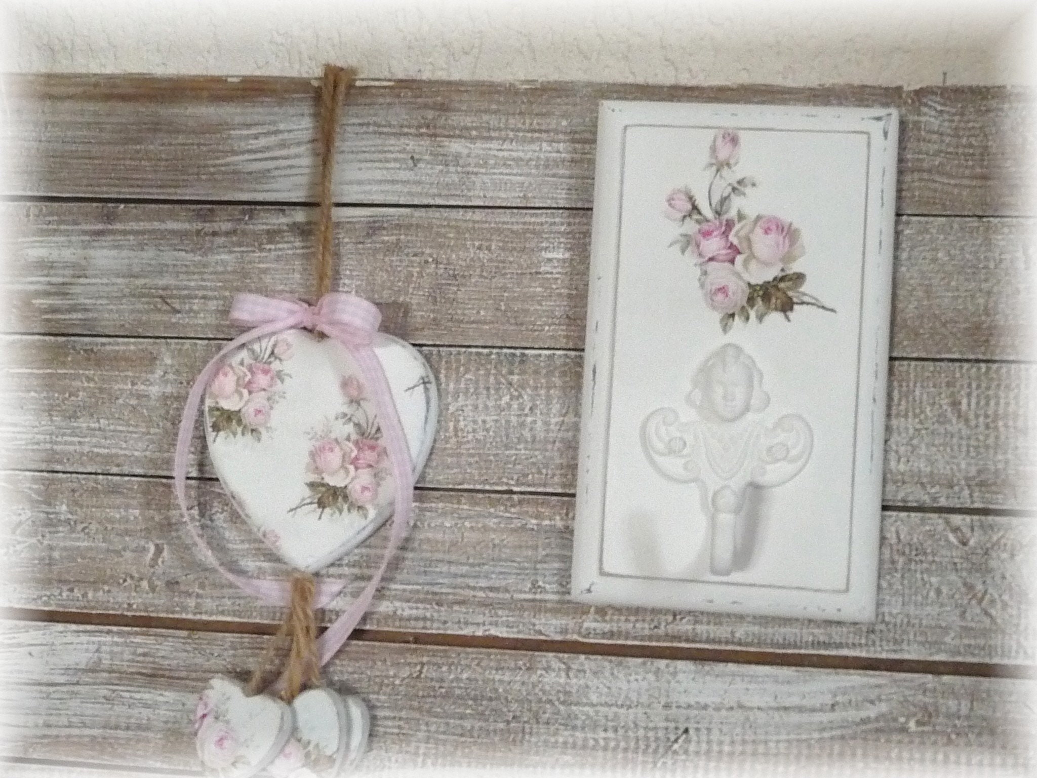 Ensemble Patère et Coeurs en Bois Shabby, Décoration de Porte, Roses Vintage, Fait Main