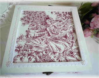 Boite à bijoux, toile de jouy, raffinée, cosy, shabby, déco, boite rangement, fait main