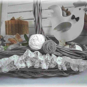 Composition for a festive Easter party, wicker basket, pretty chicken, eggs, decoration, handmade image 2