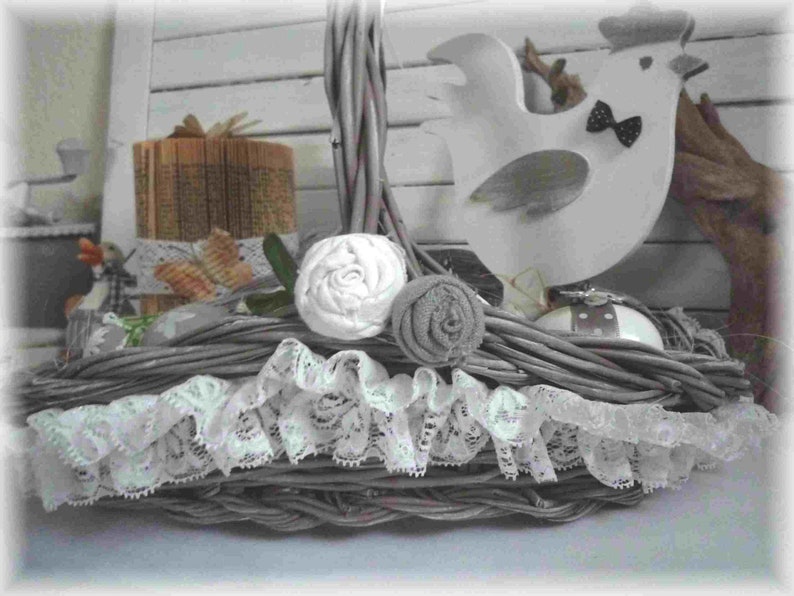 Composition for a festive Easter party, wicker basket, pretty chicken, eggs, decoration, handmade image 2