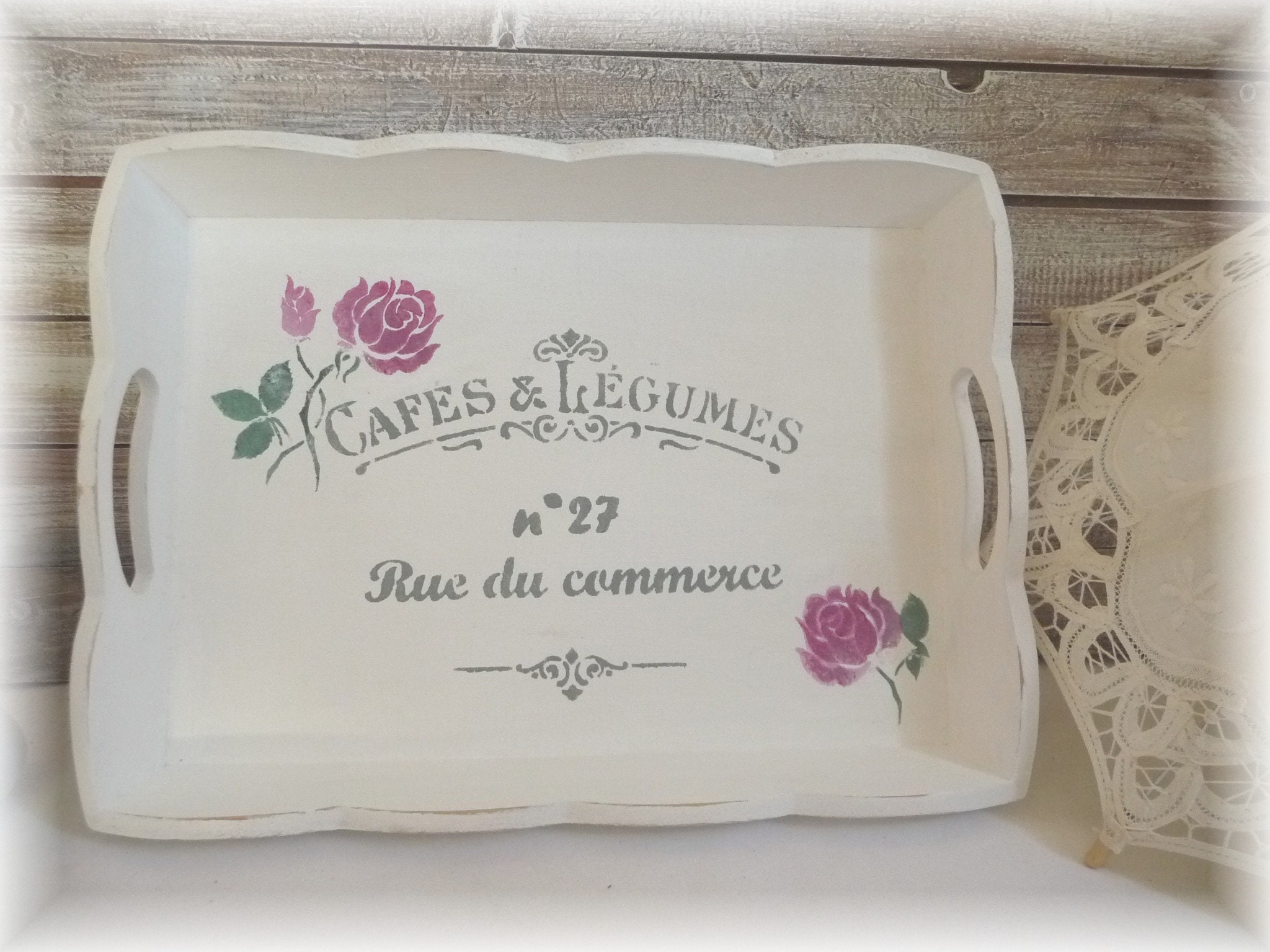 Plateau de Service, Plateau Bois, Shabby, Cuisine, Roses