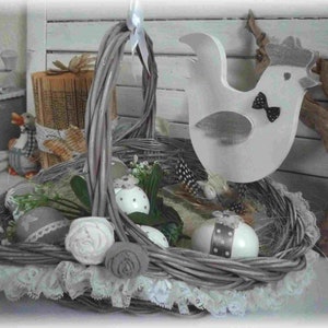 Composition for a festive Easter party, wicker basket, pretty chicken, eggs, decoration, handmade image 1