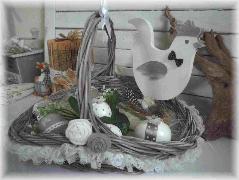 Composition for a festive Easter party, wicker basket, pretty chicken, eggs, decoration, handmade image 1