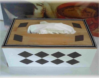Stylized tissue box, wooden box, handmade, geometric pattern style