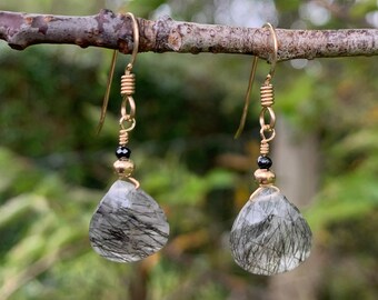 Tourmalinated Quartz & Black Spinel Rose Gold Fill Earrings #AVEN2057