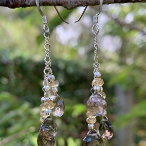 Smokey Quartz Briolette & Citrine Sterling Silver Earrings on French Hooks #AVEN14