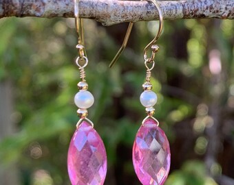 Pink Sapphire & Freshwater Pearl 14K Solid Yellow Gold Earrings #AVEN116