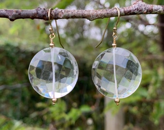 Quartz Crystal Faceted Coin Cut Sterling Silver Earrings #AVEN2148