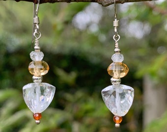 Quartz Crystal & Citrine Sterling Silver Earrings #AVEN1979