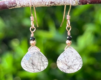 Tourmalinated Quartz & Black Spinel Rose Gold Fill Earrings #AVEN23127