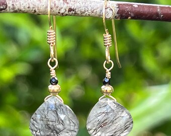 Tourmalinated Quartz & Black Spinel Gold Fill Earrings #AVEN2394