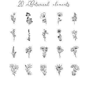 20 Botanical elements, Black and white clipart PNG SVG Vector Instant download