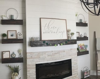 May include: A white shiplap fireplace wall with a stone hearth and a black electric fireplace insert. A large rectangular sign with the text these are the good old days sits on a dark wood mantel, flanked by dark wood floating shelves with decor.