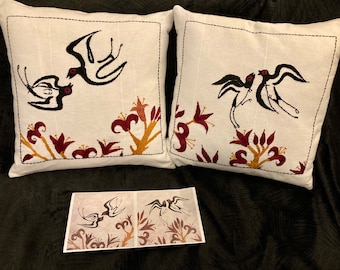 Throw Pillow Covers 16” x 16” (Set of 2) Ancient Greek Birds and Blooms Hand Embroidered