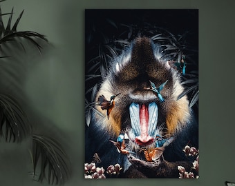 Mandrill 2 - Design of a mandril baboon in the jungle - monkey art print - botanical canvas artwork