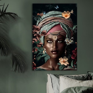 African Woman Art Print, Beautiful Acrylic Print, Colorful Wall Art, Botanical Decor, Metal Wall Mural, Floral Canvas Print, Jungle Poster
