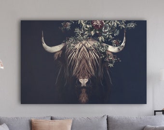 Highland cow poster, scottish highlander artwork, bull with horns print, animal canvas wall decor, botanical painting, floral wall hanging