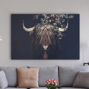 Highland cow poster, scottish highlander artwork, bull with horns print, animal canvas wall decor, botanical painting, floral wall hanging