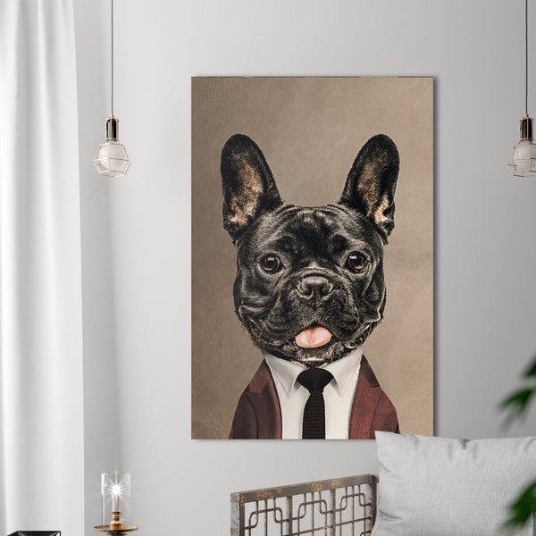 French Bulldog Art Print, Classy Gentleman Poster, Animal Canvas Print, Metal Wall Mural, Animal with Clothes Wall Art, Formal Painting