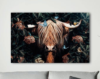 Highlander 3 Art Print, Animal Canvas Print, Highland Cow Wall Art, Botanical Art Poster, Metal Wall Mural, Forest Wall Decor, Floral Print