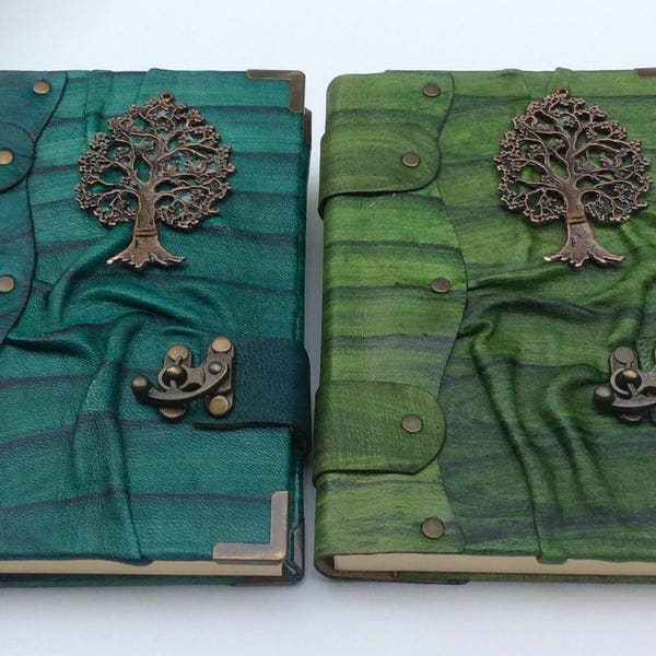 Hand Made Leather Tree of Life Pendant Blue or Green Journal, Sketchbook, Diary, Notebook Blank High Quality Paper Gift