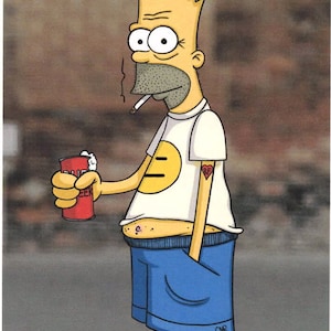 May include: A cartoon illustration of a yellow character with a beard, wearing a white t-shirt with a yellow smiley face and a red heart tattoo, blue shorts, and black and white sneakers. The character is holding a red can of beer and smoking a cigarette. The background is a blurry image of a brick wall with the words "HIGH-LIFE" painted in red.