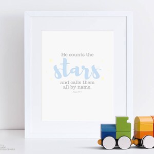 Bible Verse Printable, Psalm 147:4, He counts the stars, scripture art, wall art, boy, blue, nursery decor, baby, newborn, 8x10, typography