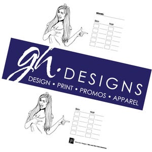 Puede incluir: Un dibujo en blanco y negro de una mujer con el pelo largo, vistiendo una camiseta y señalando con ambas manos. La imagen está sobre un fondo blanco con una pancarta azul que dice "gh.DESIGNS DESIGN PRINT PROMOS APPAREL". Debajo de la imagen hay una tabla con los encabezados "Piel" y "Pelo" y casillas en blanco para muestras de color.