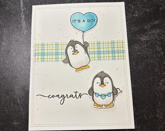 Carte de voeux faite main pingouin c'est un bébé garçon