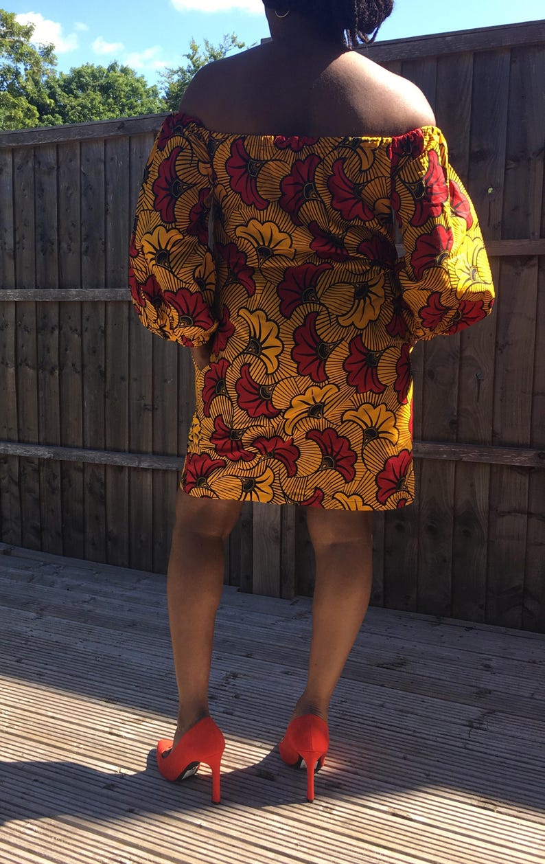Off Shoulder Dress African Print Dress Bardot Dress with side pockets and elasticated neck and shoulder Ankara Dress