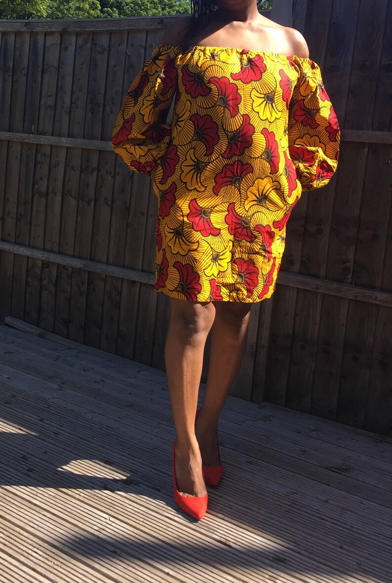 Off Shoulder Dress African Print Dress Bardot Dress with side pockets and elasticated neck and shoulder Ankara Dress