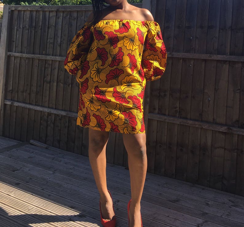 Off Shoulder Dress African Print Dress Bardot Dress with side pockets and elasticated neck and shoulder Ankara Dress
