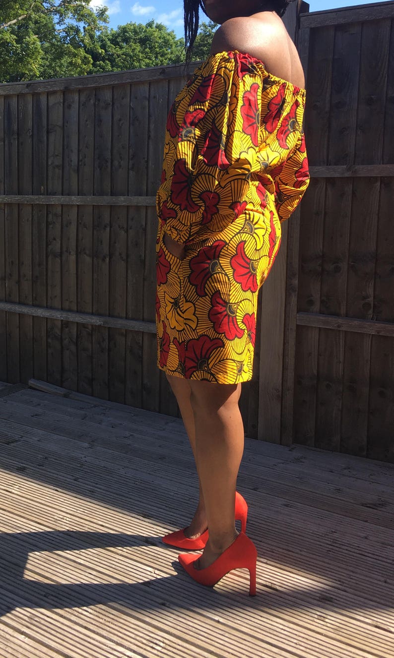 Off Shoulder Dress African Print Dress Bardot Dress with side pockets and elasticated neck and shoulder Ankara Dress
