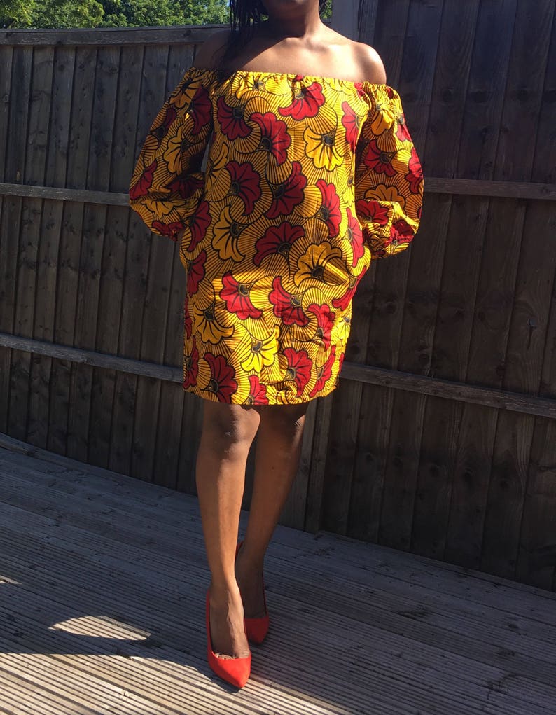 Off Shoulder Dress African Print Dress Bardot Dress with side pockets and elasticated neck and shoulder Ankara Dress