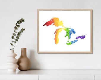 Rainbow Great Lakes Watercolor Print, Great Lakes Poster