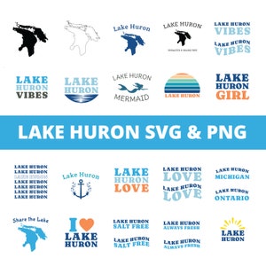 Può includere: Una collezione di 18 diversi design con il testo "Lake Huron" in vari stili e colori. I design includono una sirena, un tramonto, un'ancora, un cuore e un sole. Il testo "Lake Huron" è anche presente in diverse varianti, come "Lake Huron Vibes", "Lake Huron Girl", "Lake Huron Love" e "Lake Huron Michigan".