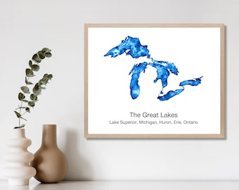 May include: A watercolor painting of the Great Lakes in blue on a white background. The text "The Great Lakes" and "Lake Superior, Michigan, Huron, Erie, Ontario" is below the painting.