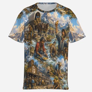 Op de afbeelding: Een t-shirt met korte mouwen en een all-over print van een goudkoortstafereel uit de 19e eeuw. De afbeelding toont goudzoekers in een rivier, een huifkar, berglandschappen en een houten saloongebouw met het opschrift Saloon op het bord.
