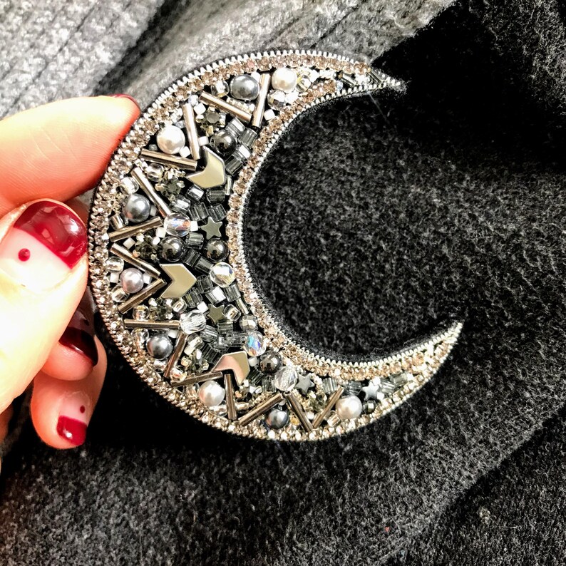 moon brooch,Moon Pin,crystal brooch,silver moon,silver brooch,beaded brooch,beaded pin,embroided,Valentine/'s day gift,Handmade brooch,Beads