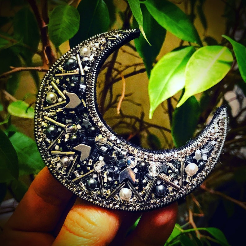 moon brooch,Moon Pin,crystal brooch,silver moon,silver brooch,beaded brooch,beaded pin,embroided,Valentine/'s day gift,Handmade brooch,Beads