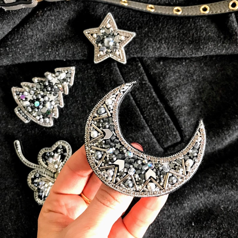 moon brooch,Moon Pin,crystal brooch,silver moon,silver brooch,beaded brooch,beaded pin,embroided,Valentine/'s day gift,Handmade brooch,Beads