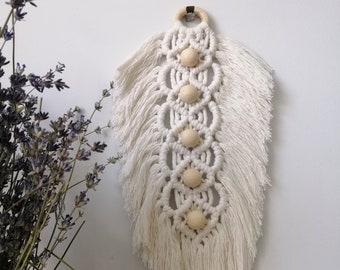 Macrame feather wall hanging with wooden beads, cotton macrame leaf, textile wall art, boho home decor, made in Ukraine, READY TO SHIP