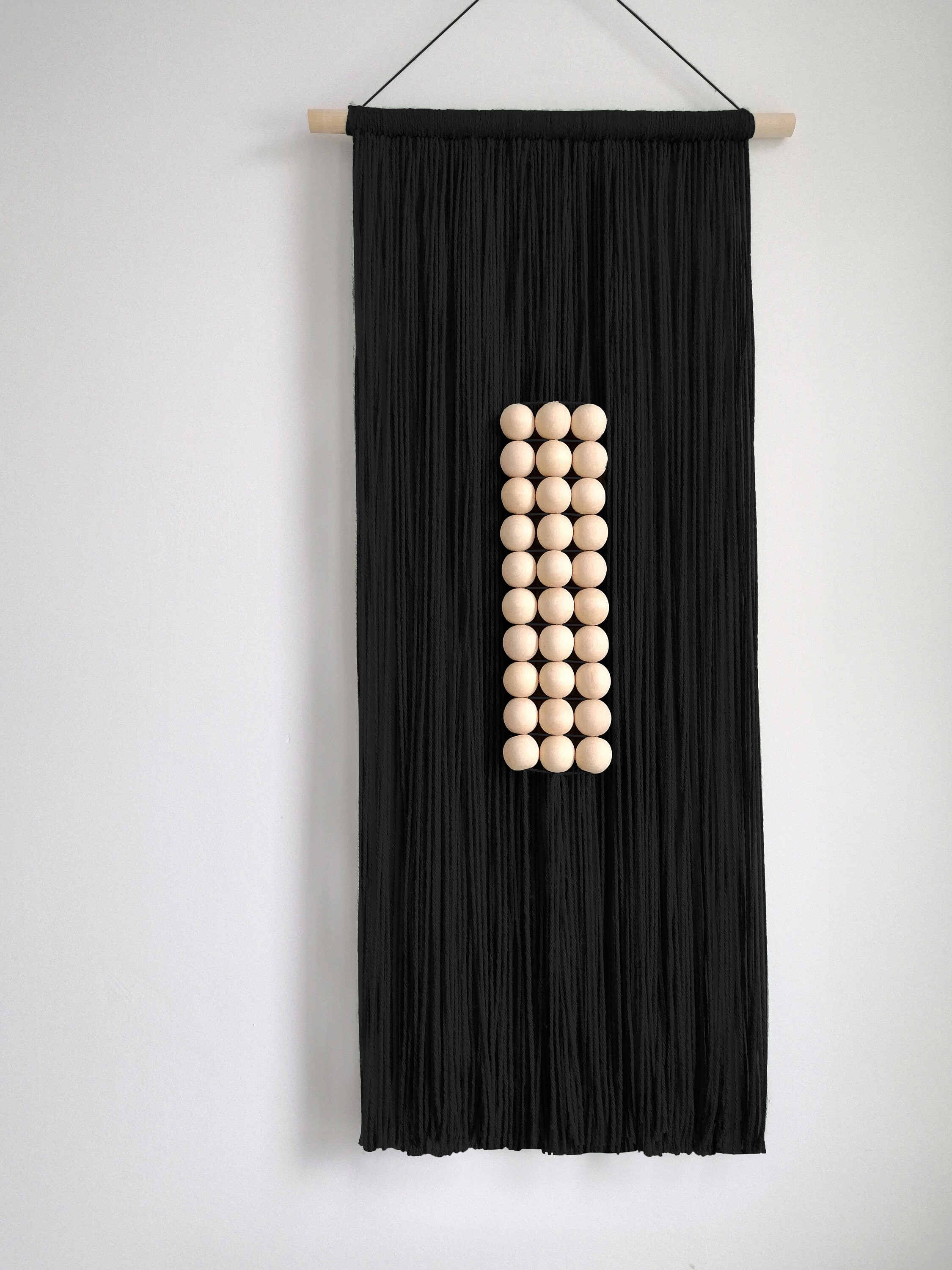 Black Yarn Wall Hanging, Japandi Textile Wall Art, Minimalist Home