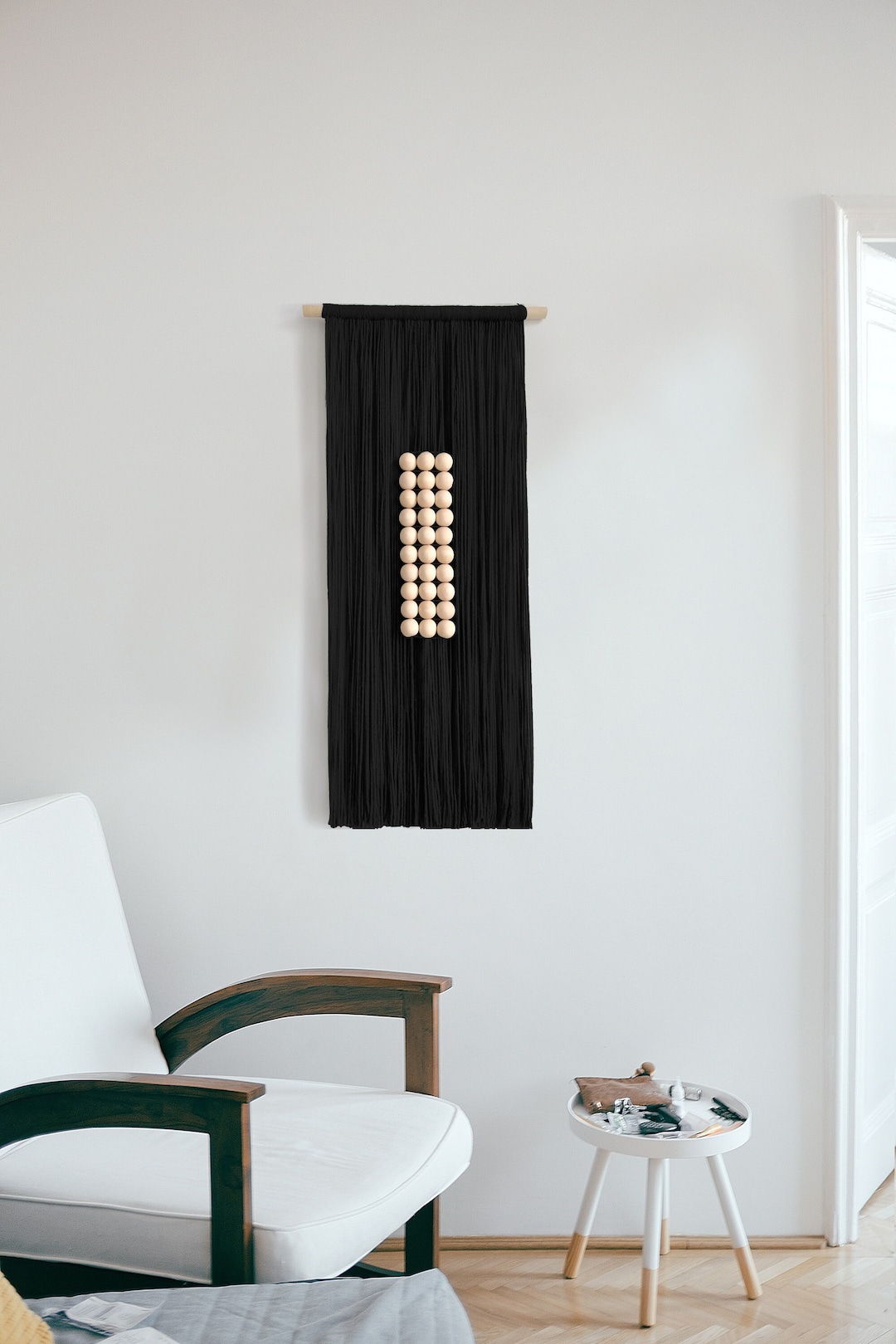 Black Yarn Wall Hanging, Japandi Textile Wall Art, Minimalist Home