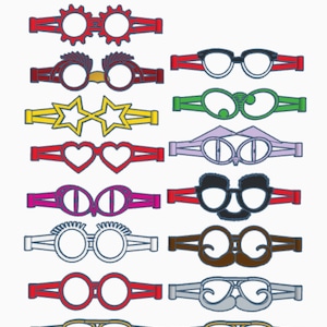 May include: A set of 14 pairs of colorful plastic novelty glasses with different shapes and designs. The glasses are all in a row, and they are all different colors. The glasses are all in a row, and they are all different colors. The glasses are all in a row, and they are all different colors.