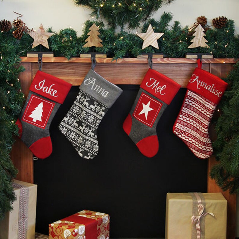 Personalised Nordic Red and Grey Christmas Stockings Etsy